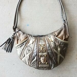 Vintage 80s 90s Metallic Gold Bronze Leather Lion Tassel Shoulder Bag Hobo Purse
